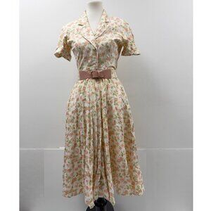 Katie vintage 1960s shirtwaist day dress pink green floral print Cotton USA Made